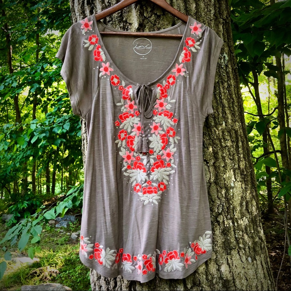 INC floral embroidered boho blouse